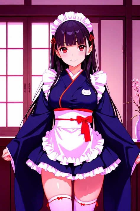 8k,masterpiece, best quality, ultra detailed, high resolution, super fine illustration, 1girl, solo, smile,red eyes, black hair, long hair, blunt bangs, medium breasts, maid uniform, Japanese clothes, kimono, miniskirt, thighhighs,