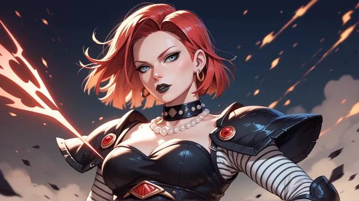 Android no. 18 red-haired , As clothes does it have a legendary sensual infernal armor, with black lipstick and black shadows 