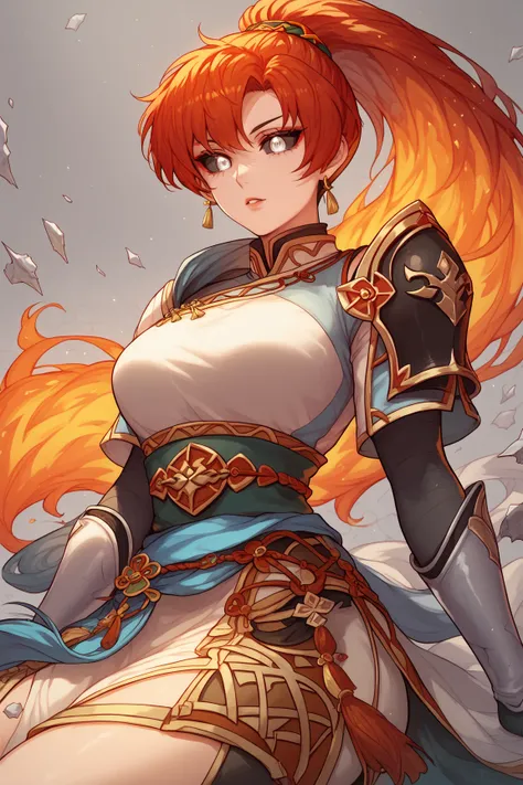 Gray skin,lyn Fire emblem , white eyes, black sclera, sunken eyes, cracks in the skin, white dress with gold details, white metal boots and gold details, White long metal gloves with gold details, white shoulder pads with gold details,Red hair 