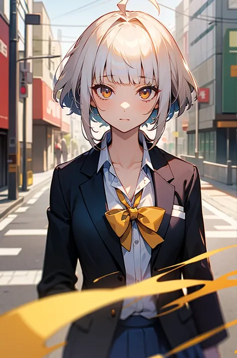 1girl, solo, looking at viewer, outdoors, city, upper body, street, japan, arcana, white hair, gold eyes, blunt bangs, hair tubes, short hair, long locks, ahoge, school uniform, blue skirt, white shirt, bowtie, black blazer, long sleeves, walking, collarbo...