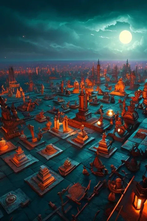 A cementery/ A death metal artwork/ dozen of old sepultures in the background/ gloomy bright blue light from above and bright red from below/""detailed matte painting, deep color, fantastical, intricate detail, splash screen, complementary colors, fantasy ...