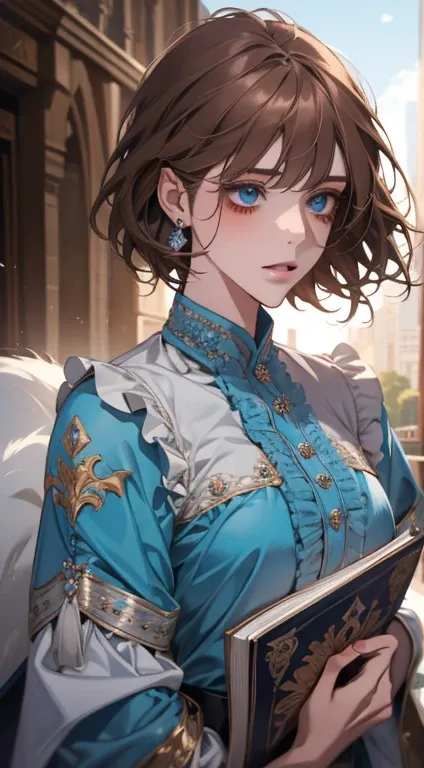 Hahahaha,  best quality, more details,  artwork, 1 girl, portrait,  female focus , blue eyes like diamonds,  alone, fringe,  Look at the viewer, ruffled shirt,  short hair, ((( fantasy city , palace))), highlights, holding a book of magic spells,  brown ha...