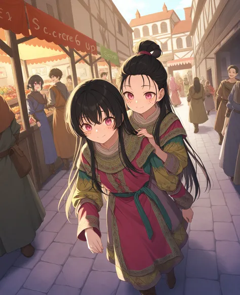  A girl,  black hair,  long hair, tied hair,  freckles on cheeks , pink eyes,  medieval clothes, colorful clothes,  walking, smiling girl. Market with street stalls, by day. alone.