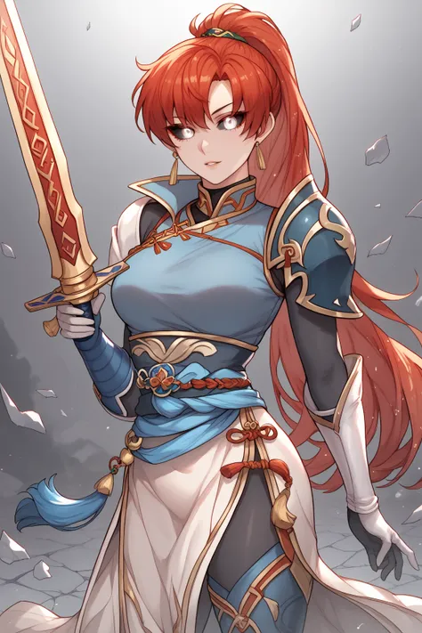 Gray skin,lyn Fire emblem , white eyes, black sclera, sunken eyes, cracks in the skin, white dress with gold details, white metal boots and gold details, White long metal gloves with gold details, white shoulder pads with gold details,Red hair,Holding a sw...