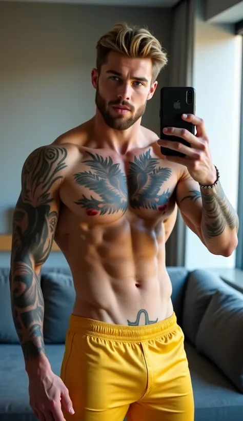 Realistic full-body image of an incredibly handsome man with a lean, defined physique, body hair, a strong masculine face, short beard, striking gray eyes, and medium-length wavy blonde hair. He is wearing tight yellow satin shorts and is shirtless, standi...