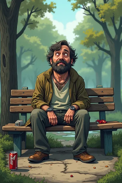 Homeless man in a tired, lying and dirty park,  cartoon