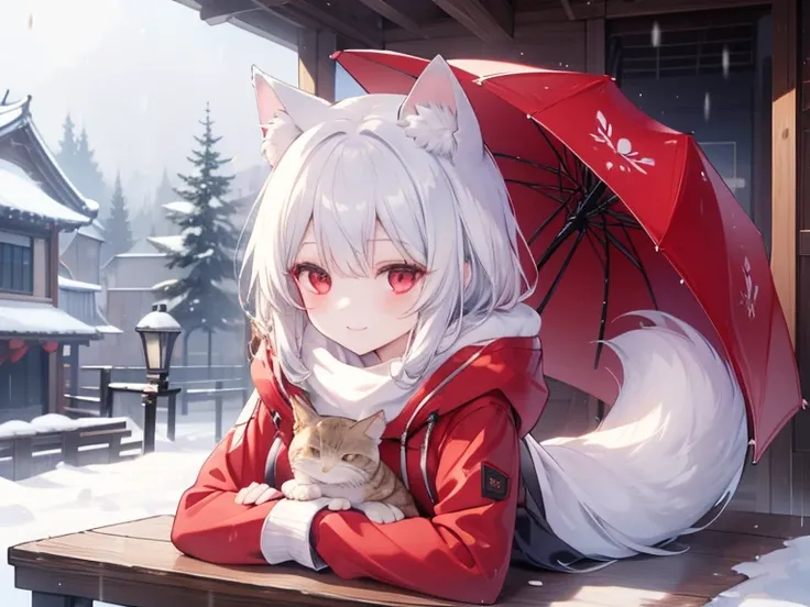 solo。 wolf girl。 Silver Hair。 red eyes。 red coat。 white muffler。snow。smile。Under the eaves。Sheltering from the Rain。Brown Cat