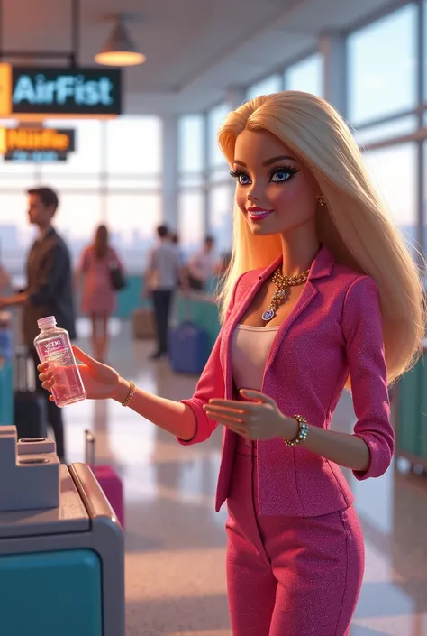 Barbie buys a small water bottle at the airport