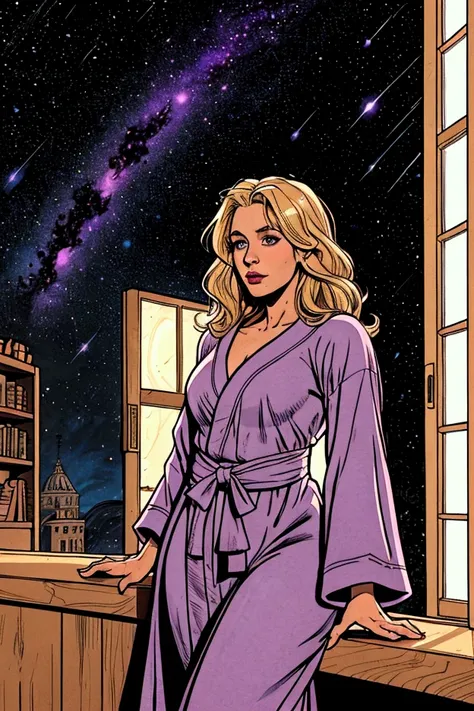 A blonde adult woman in her 40s in a short lavender robe looks out a window of her living space to see a vast galaxy of stars and nebulas.