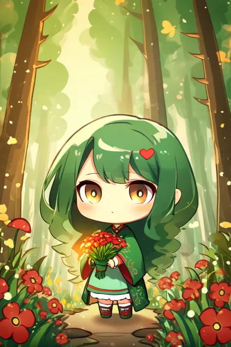 masterpiece, best quality, 1girl, flowers, forest,  chibi, 