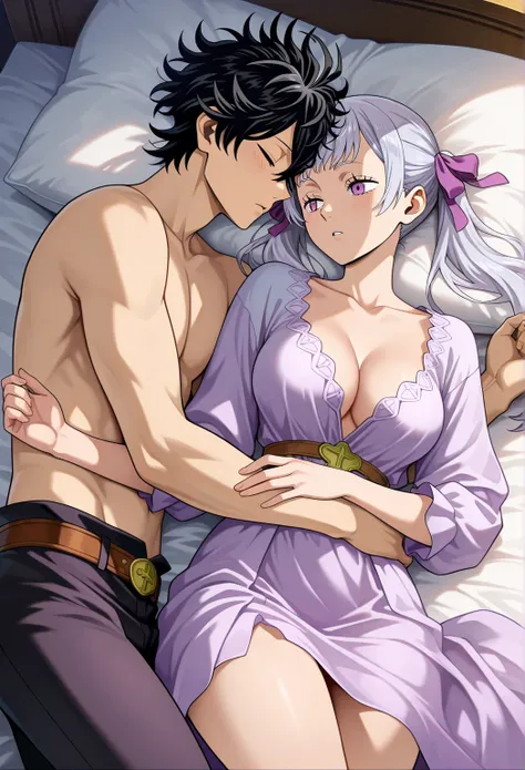 high resolution picture, masterpiece, best quality, amazing quality, official art, solo, 1girl,  Noelle Silva from Black Clover, 1girl, noelle silva, grey hair, purple eyes, twintails, hair ribbon, cleavage, white and purple dress, long sleeves, belt, medi...