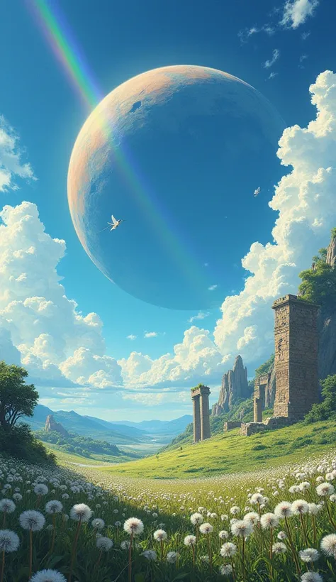 ((Astonishingly absurd )),( masterpiece:1.2),超high resolution,  attention to detail ,  high quality, alta resolución, 最 high quality, 4k, 8K、  very beautiful、landscape、landscape画、Infinite blue sky、A rainbow appears、There is a group of ruins、 Dandelion fluf...