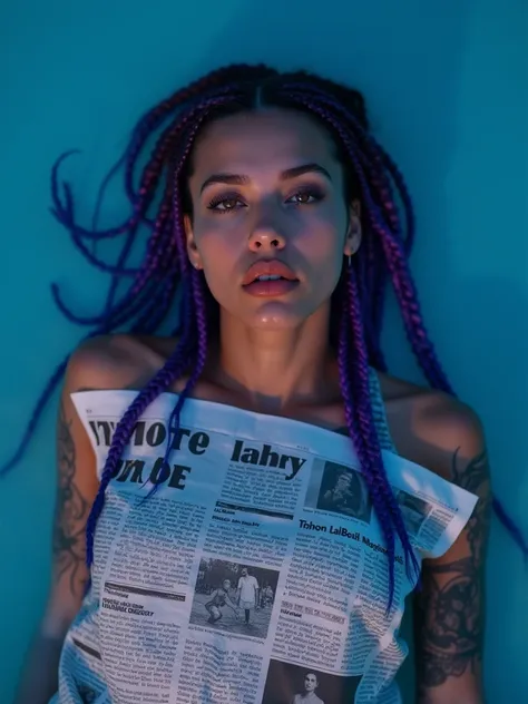  High quality fullbody photograph , lying on bright blue water in the middle of the night . Covered with a large newspaper ( nude),  Woman with long neon braids in shades of purple,  blue and purple ,  brown eyes,  Thick lips, slightly brown skin and tatto...