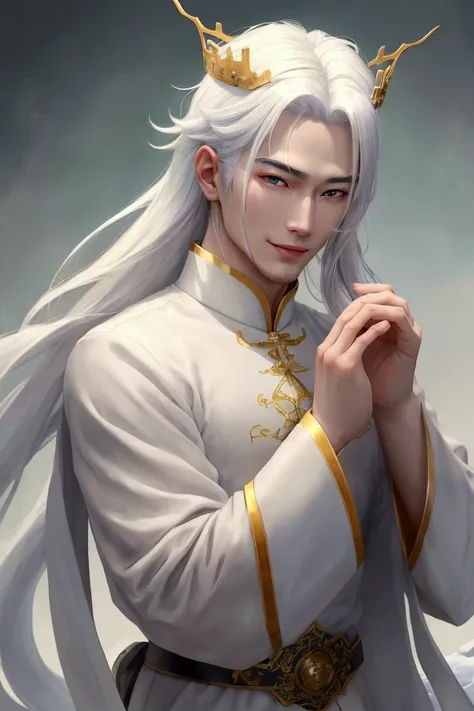 A handsome man with delicate Chinese features, with long straight snow-white hair, lava-colored eyes, white skin, and a sweet smile on his lips, he wears a delicate white outfit and a crown of green jewels on his head.