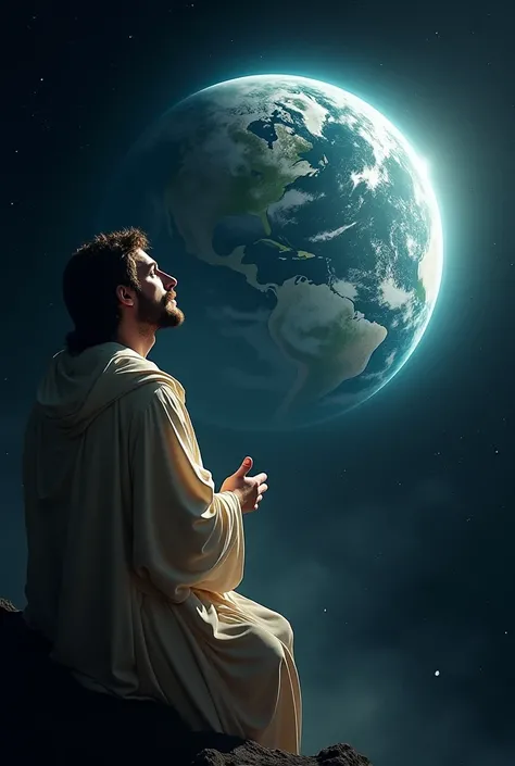 Jesus looking at planet Earth, From space.