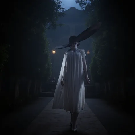 character lady dimitrescu walking in a park, with her characteristic wide-brimmed hat and her white dress, voluptuous, nighttime atmosphere, cinematic lighting, smile