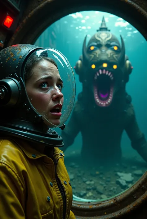 " Creates an ultra-realistic and dark image of a scientist  (Emma)  with a worn yellow industrial diving suit ,  showing a terrified face  ( Exorbitant Eyes,  with an open mouth in a silent cry and sweat on its forehead ),  inside a damaged submarine  (Nau...