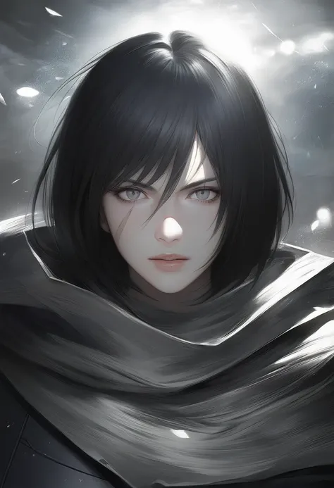 One woman, mature, anime, female anime character with black short unkempt hair, black hair, aloof expression, gray cloak, worn light armor, face scars, pale, pale gray eyes, black undersuit, rogue anime woman, detailed anime character art, necromancer, dar...