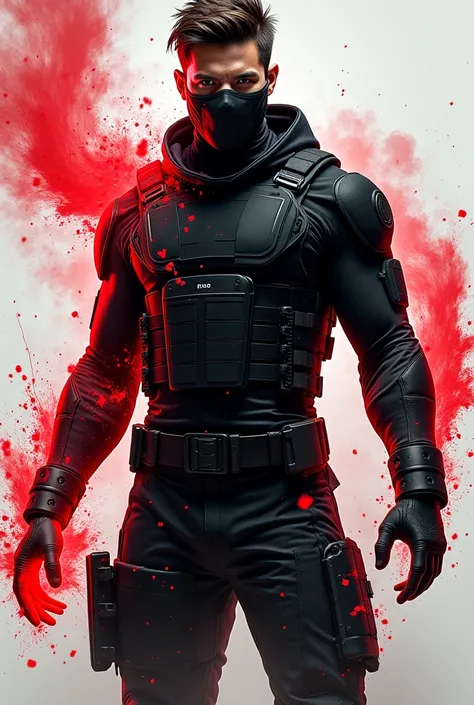 A young adult male, wearing a black bulletproof outfit with a military scrum net to cover his face. He has black and red powers