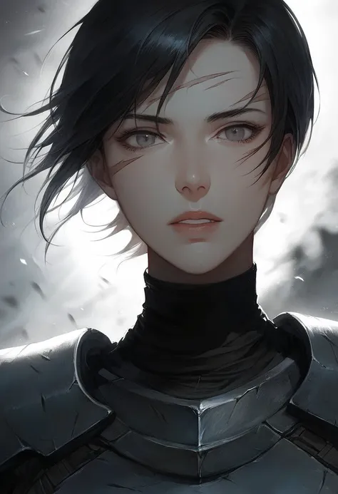 One woman, mature, anime, female anime character with black short unkempt hair, black hair, aloof expression, gray cloak, worn light armor, face scars, pale, pale gray eyes, black undersuit, rogue anime woman, detailed anime character art, necromancer, dar...