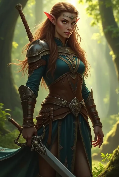 Warrior Elf, long brown hair and light eyes 