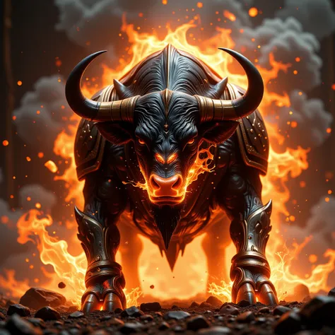 Imagine a majestic armored black bull who is snorting fire. His muscular body ripples under his rage. He ferociously charges his enemies leaving a burnong atmosphere in his wake. The name" MAB" etched in hellish burning letters. High Resolution, Masterpiec...