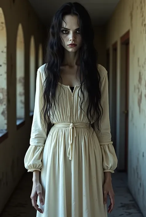 Dama — ghost ,  from the 18th century , A very thin woman,  with extremely white and  skin,  black hair, wet, drained, loose and disheveled .  look morbid , crazy, penetrating, fixed and creepy. The eyes are sunken and dark. thin face, Anguished and macabr...