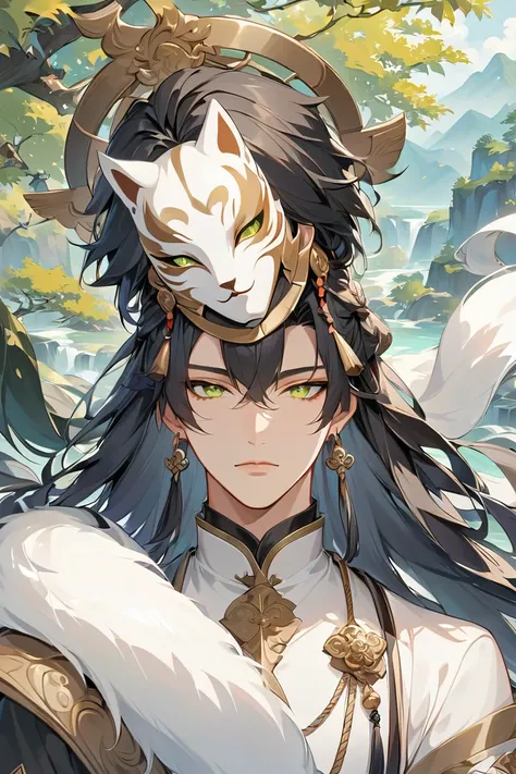  masterpiece, Close-up of a man with brown hair and white mask, beautiful figure painting, Guviz, Guwiz style art, Blue-black haired god 
, The J., epic exquisite character art , Amazing character art, , Wu Zhun Shifan, Gu Vitz at pixiv art station , antiq...