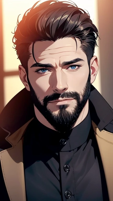 (   best quality,4K,8k,   highres,   masterpiece :1.2),   ultra-detailed   ,(realistic,photorealistic,photo-realistic:1.37),34 years old, man,3 day beard,Beautiful anime,Portraits,strong,Masculine,   with dark hair  ,sharp jaw,     mesmerizing eyes     ,  ...