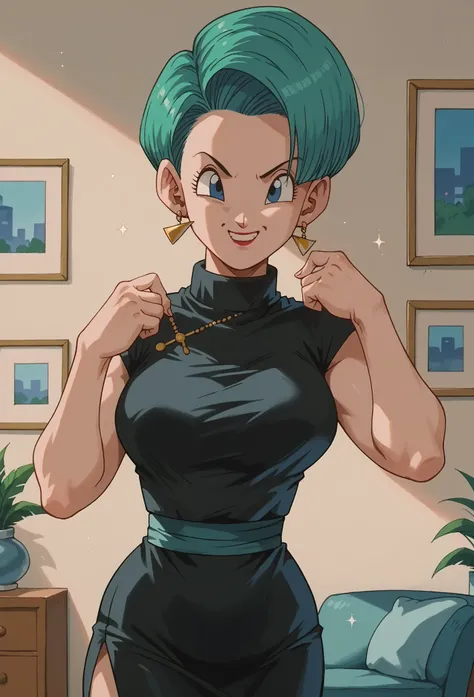 Bulma,mature female,1girl,solo,earrings,short hair,blue eyes,aqua hair,large breasts,  black dress, short skirt, low cut, sparkly, sexy, pose, ball room, smile