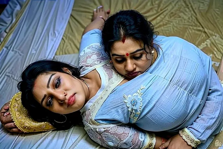 Top view,Full body image, indian hourglass body, Indian plus sized 29 year old Telugu bride syamala, lovely face, mouth wide open, wearing highly embroideried light blue colour silk deep neck blouse and light blue colour low waist silk body fit designer sa...