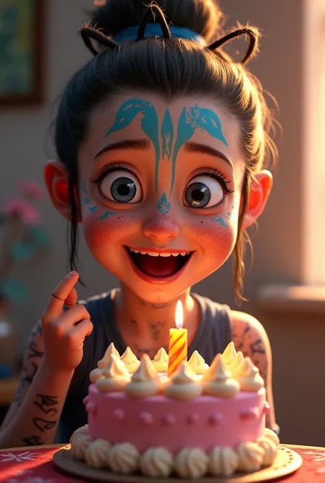 Melina Juergens, (Pixar style) Senua from the game Hellblade with your face paintings eating a birthday cake all happy portrait style