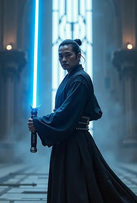 Shogun's Hiroyuki Sanada, reimagined as a Jedi, blue lightsaber, star wars cross over, with text that reads in a star wars font: 'He would be PERFECT for this'