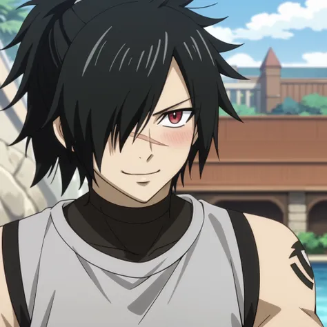 score_9, score_8_up, score_7_up, intricate details, anime screencap, depth of field, 1boy, solo, male focus, rogue_cheney, ponytail, black hair, red eyes,, hair over one eye, scar, ((black men's shorts, sleeveless t-shirt, closed mouth smile, blush)) in aq...