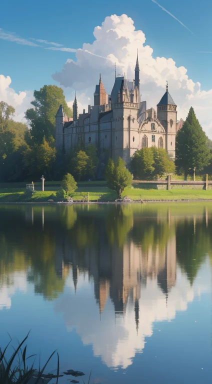 ruined castle facing a lake ,  where its reflection hits the water and reflects on it in its glory days  