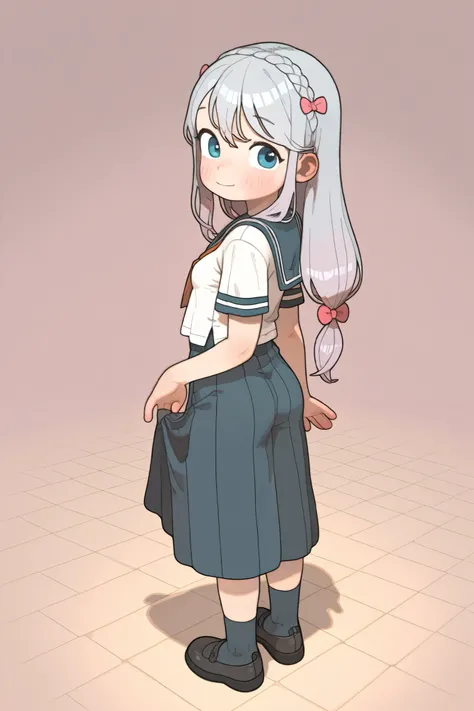  1   ,  alone,  masterpiece, best quality,  high resolution icon , highly detailed, Sagiri izumi, thin breast , Well good,   soft smile, Blush,   sailor , Pull the clothes with one hand,   looking back,opossumachine, full body 