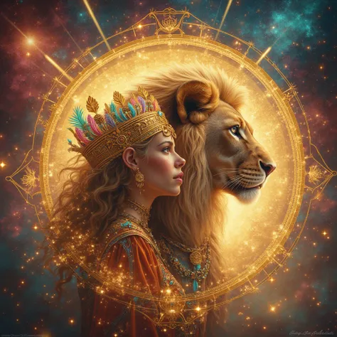  A lion in the middle of the galaxy .  together with the profile of a beautiful young goddess ,  with a golden crown of very colorful Egyptian ornaments  ,Turquesa, pink and gold ;  blond and curly hair wearing an ancient Greek-style robe  .  Goddess and l...