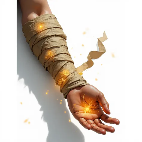 Magic bandages around an arm, magical runes on the bandages, wraps, aged (showing only the arms) white background