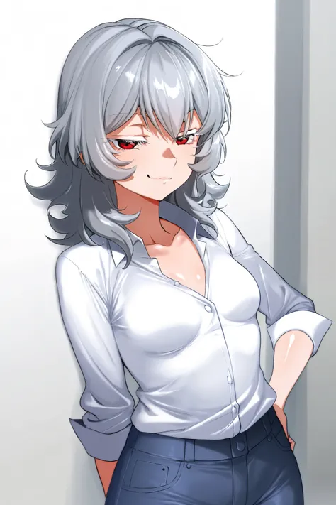 1 girl, grey hair, red eyes, medium hair, tall, black chocker, small breasts, shiny skin, white dress shirt, jeans, thick eyelashes, white eyelashes, mature female, smug, innovators (gundam 00)