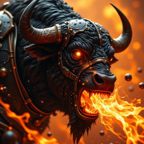 Imagine a raging armored black bull who is snorting fire. His huge muscular body ripples under his rage. He ferociously charges his enemies leaving a burnong atmosphere in his wake. Snorting flames from his nose. Large bull ring in his nose. The name" MAB"...