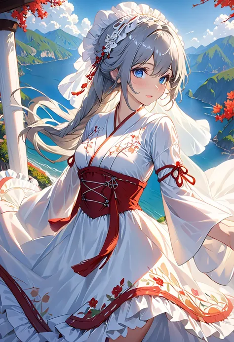 (( Extremely Detailed CG Unity 8K Wallpaper)), masterpiece,  Super Detail, floating,  high resolution, Sexually suggestive, ( small, Abnormally long gray hair ,  princess, White Mage, blue eyes, (long、 in a white and red sheer layered long dress、 has long ...