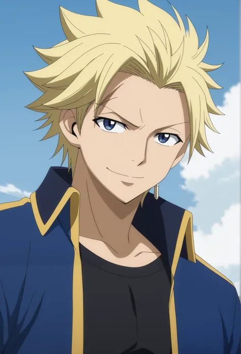 score_9, score_8_up, score_7_up, source_anime, StingFT, Sting blonde hair, light yellow Sting, 1boy, male focus, anime screencap, a blue men's jacket with gold or yellow details, which fits his athletic figure. Underneath, he wears a black long sleeved T-s...