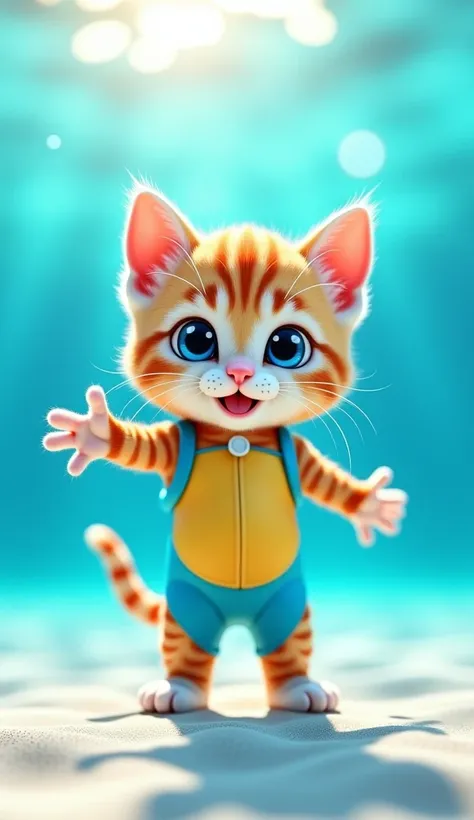 kitten ,                      BRIGHT   ,     cute blue eyes                      ,        (  colorful diving suit                 )       ,            Underwater Backgrounds      ,       Beach Umbrella    ,                         stand up, spread your arm...