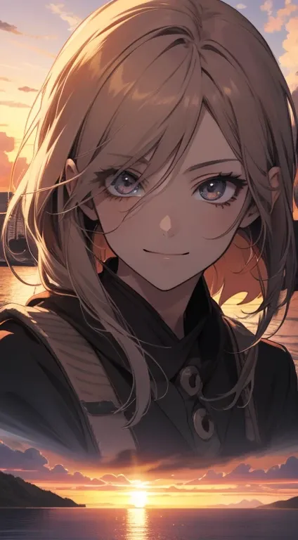  anime style, IN THE SKY, over the sea, two eyes open,  detailed eyes , in a sunset,   smiling,  masterpiece, 4K,  detailed face, good anatomy, highlights,  