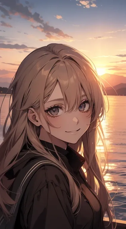  anime style, IN THE SKY, over the sea, two eyes open,  detailed eyes , in a sunset,   smiling,  masterpiece, 4K,  detailed face, good anatomy, highlights,  