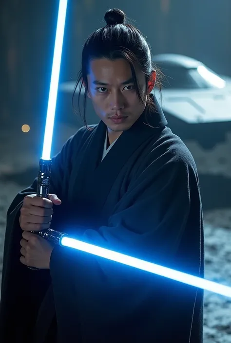 Shogun's Hiroyuki Sanada, reimagined as a Jedi, blue lightsaber, spaceship in background, star wars cross over, ((With text bold, impact-style fon 'He would be PERFECT for this'))