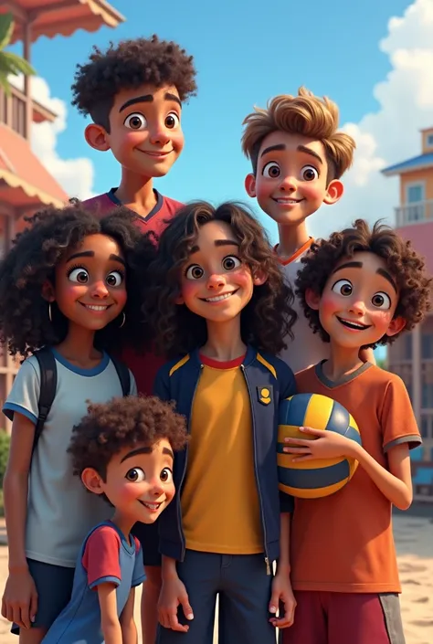  Create a Pixar film cover image, a 15-year-old teenage boy with curly hair dressed in volleyball clothes 