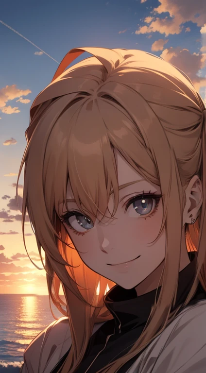  anime style, IN THE SKY, over the sea, two eyes open,  detailed eyes , in a sunset,   smiling,  masterpiece, 4K,  detailed face, good anatomy, highlights,  