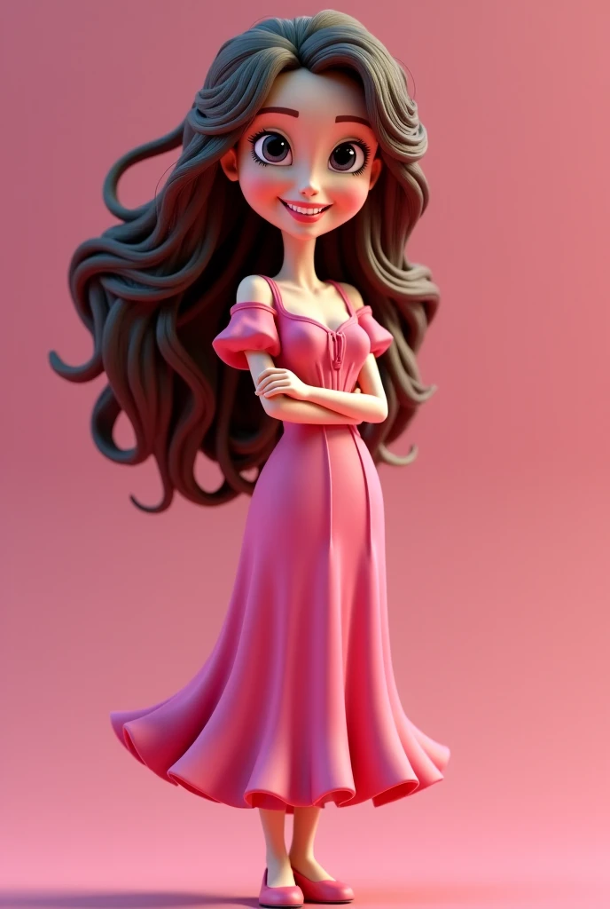 Disney-inspired 3d image 
 A smiling  ,  black eyes and curly brown hair down her shoulder,  dressed in a pink dress is standing  