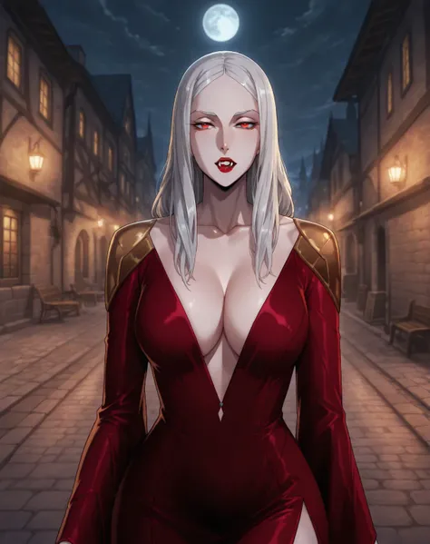 masterpiece, best quality,, solo, 1girl, mature female, carmilla, ssn3, red dress, cleavage, side slit, shoulder pads, long sleeves, wide sleeves,
, large breasts, looking at viewer, red lips, fangs, vampire, outdoors, night, street, medieval fantasy, moon...